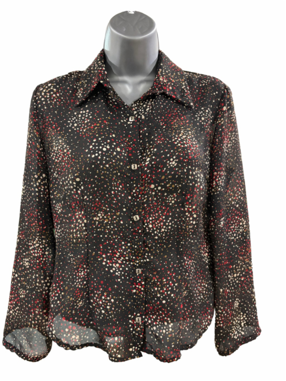 52. Vintage Women's CDC Petite Button Down Shirt Size 6P Black Red Polka Dot